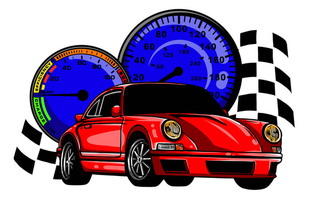 ilustração vetorial de carro de corrida com bandeira de verificador no fundo grungy
 - Vetor, Imagem