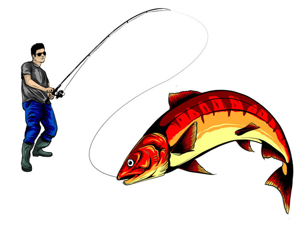 Fisherman caught a fish silhouette vector illustration - Vector, Image