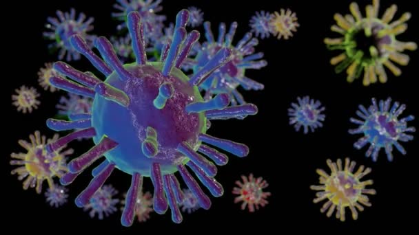 Koronavirus (COVID-19) lékařská animace na černém pozadí. Mikroskopický pohled na infekční virus Sars-CoV-2. 3D animace. - Záběry, video
