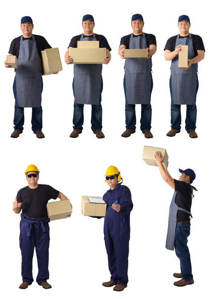 collection set of Full Body portrait of delivery man in Black shirt and apron is holding boxes isolated on white background - Photo, Image
