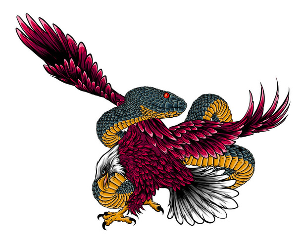 eagle fighting a snake serpent . Tattoo style vector illustration - Vector, Image