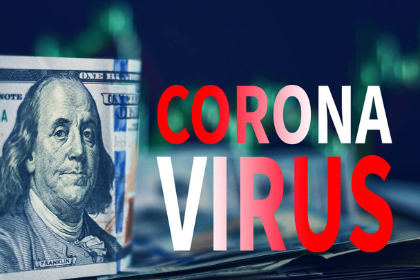 コロナウイルスCovid-19の世界経済への影響、金融危機。暗い背景に市場価格チャートと碑文コロナウイルスとドル札を使用します。 - 写真・画像