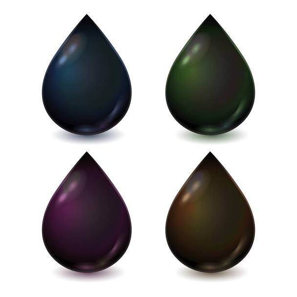 Vector set of different dark drops of crude or petrol isolated on white background. Realistic illustration. Template for petrochemical ad. - ベクター画像
