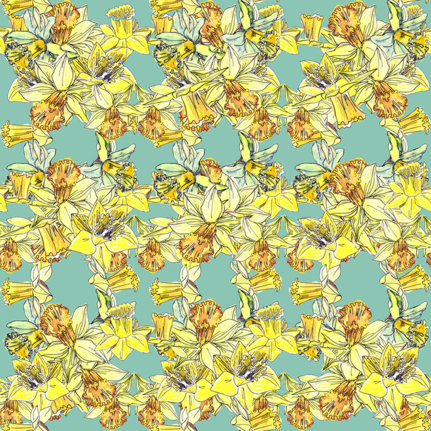 nahtloses Muster zarter Frühlingsblumen aus gelben Narzissen auf helltürkisfarbenem Hintergrund - Foto, Bild