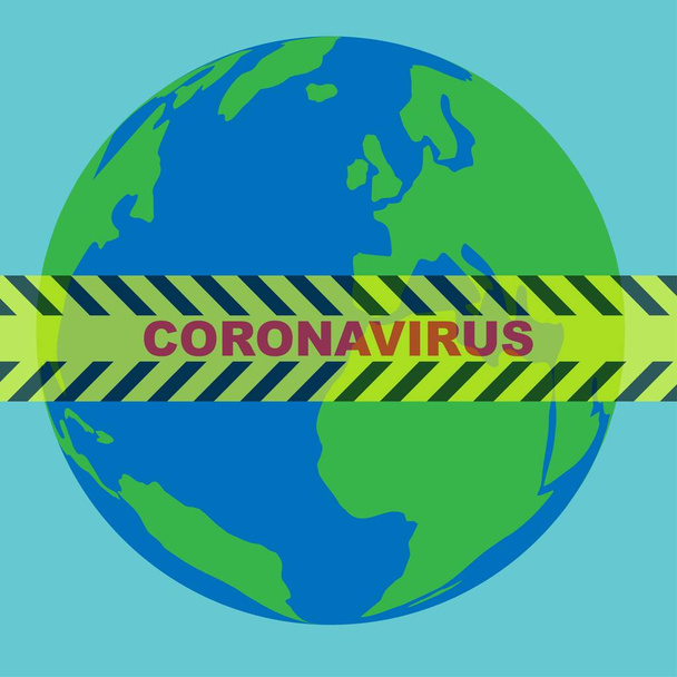 Желтая черная баррикадная лента с текстом коронавируса на земном шаре, глобальная пандемия
 - Вектор,изображение