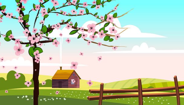 Bella campagna paesaggio casa colonica recinzione capanna mescolando alberi verdi colline campi, natura, colore brillante cielo blu. Primavera, campagna estiva panorama agricoltura, agricoltura. Illustrazione vettoriale
 - Vettoriali, immagini