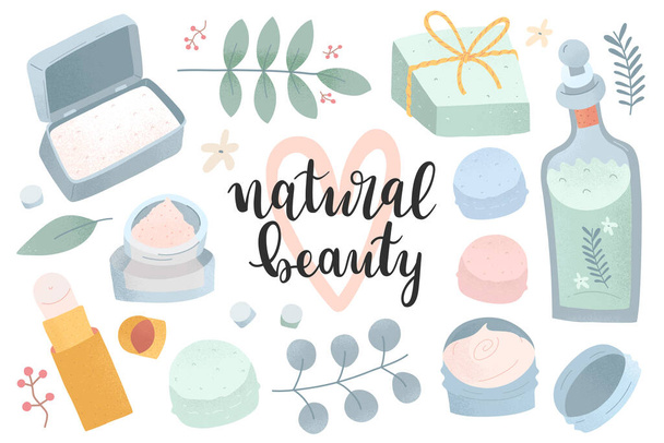 Natural cosmetics collection, sustainable beauty products, organic hand made skin care treatments, set of isolated hand dawn vector illustrations, cream, lotion and soap bar, rose water - Vector, afbeelding