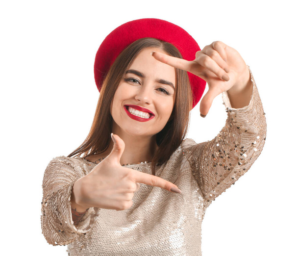 Boldog fiatal nő fehér háttér - Fotó, kép