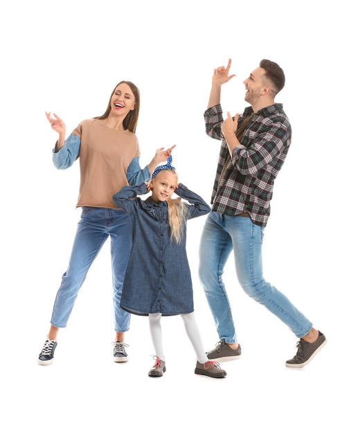 Happy dancing family on white background - Foto, imagen
