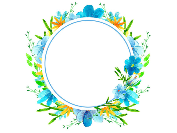 Beautiful bright watercolor floral wreath. Spring flowers, branches, leaves. Hand painted illustration isolated on white background. Perfectly for greeting card design. - Foto, Bild