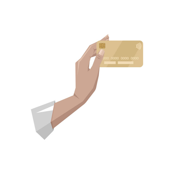 Ruka drží zlatou plastovou platební kartu, kreditní kartu, debetní kartu. Byt, barva, izolované ilustrace na bílém pozadí, vektor - Vektor, obrázek