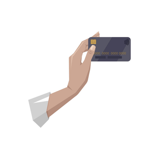 A kéz tart fekete műanyag fizetési Bank kártya, hitel, terhelés. Lapos, színes, elszigetelt illusztráció fehér háttér, vektor - Vektor, kép
