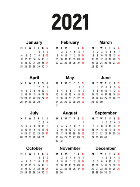 calendario 2021, la settimana inizia il lunedì, modello di business di base. illustrazione vettoriale - Vettoriali, immagini
