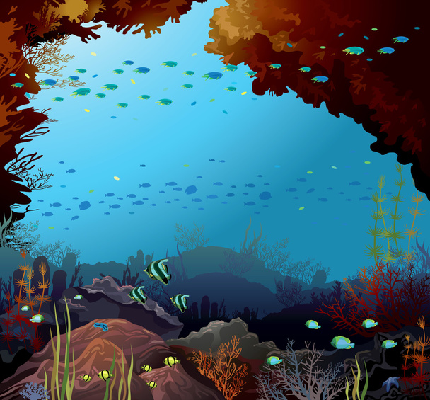 Coral reef and underwater creatures. - Vetor, Imagem