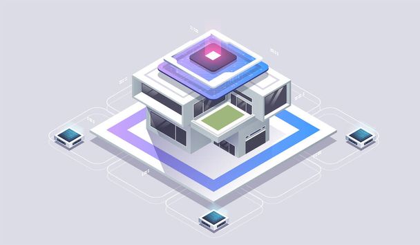intelligent building isometric vector concept. Smart home. Concept of house technology system with wireless centralized control. - Вектор, зображення