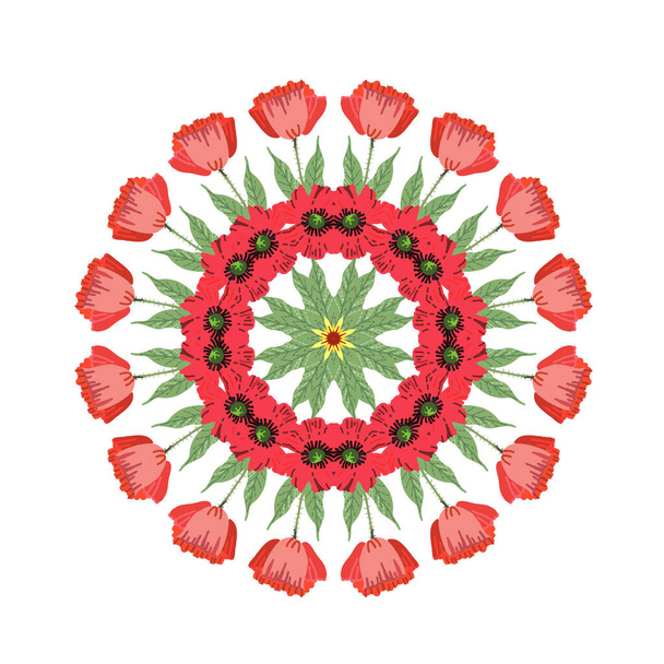 Bright Summer Flower Mandala. Folklore motifs, stylization of embroidery. Vector illustration. Manual graphics.   - Vektör, Görsel