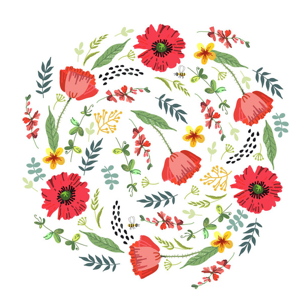 Decorative card with bright summer flowers. Folklore motifs, stylization of embroidery. Vector illustration. Manual graphics. Suitable for decorating various surfaces. - ベクター画像