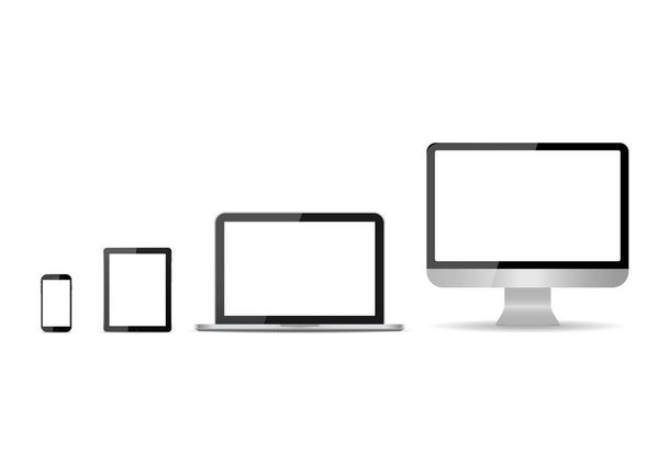Monitor, Laptop, Tablet, Smartphone isoliert auf weißem Hintergrund. Set von Attrappen mit weißem Bildschirm. Moderne elektronische Geräte. PC-Desktop, Notebook, Handy, Tablet für die Web-Kommunikation. Vektor - Vektor, Bild