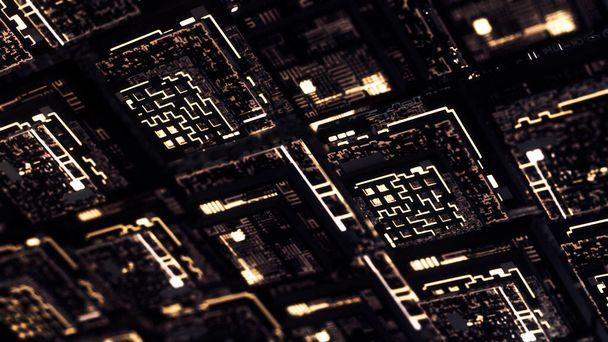 Abstract futuristic electronic circuit board, neural network and big data. Animation. Artificial intelligence concept, seamless loop. - Foto, afbeelding