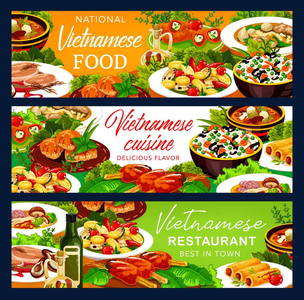 Vietnamese cuisine food banners. Asian restaurant vector vegetables with rice, baked fish and grilled meat cutlet, beef pho bo, noodles and mushroom soups, pancake rolls and stuffed pepper with cheese - Vector, Image