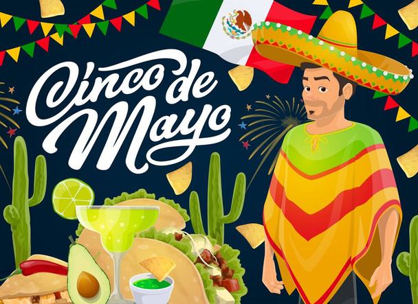 Cinco de Mayo ünnep, vektor mexikói fiesta sombrero kalap, chili paprika és kaktuszok. Zászló Mexikó, margarita, nachos, taco és tequila, lime és guacamole ünnepi díszítéssel és tűzijátékkal - Vektor, kép