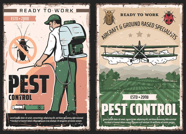 Pest control vector design of insect and bug protection service. Exterminator with insecticide or pesticide sprayer and cockroach chalk, agricultural aircraft dusting crop, colorado beetle and ladybug - Vector, Image