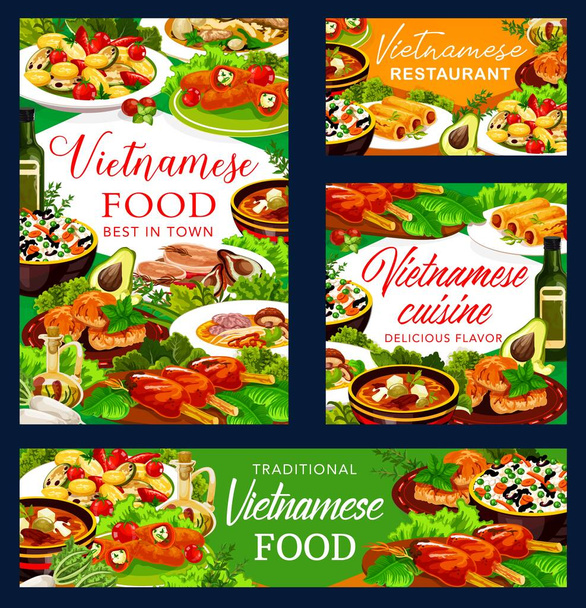 Vietnámi konyha vektor ételek sült hal, zöldség rizs és marhahús pho bo, tészta gomba leves, grillezett szelet és sertés, paprika töltött sajt és palacsinta tekercs. Ázsiai éttermi bannerek - Vektor, kép