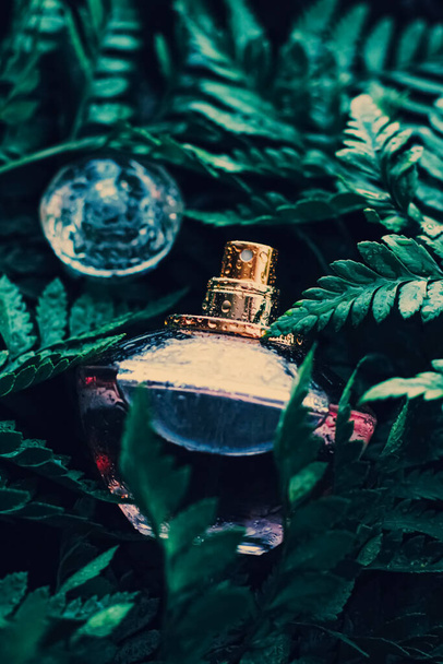 Perfume bottle with aromatic tropical scent in nature, luxury fragrance - Photo, image