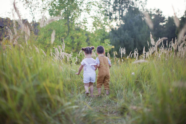 Pikkupoika ja tyttö leikkivät pellolla auringonlaskun aikaan. Söpö veli ja sisko
 - Valokuva, kuva