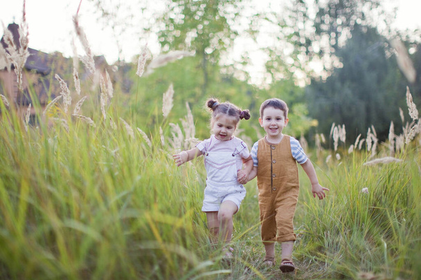 夕暮れ時には男の子と女の子が畑で遊んでいます。かわいい弟と妹 - 写真・画像