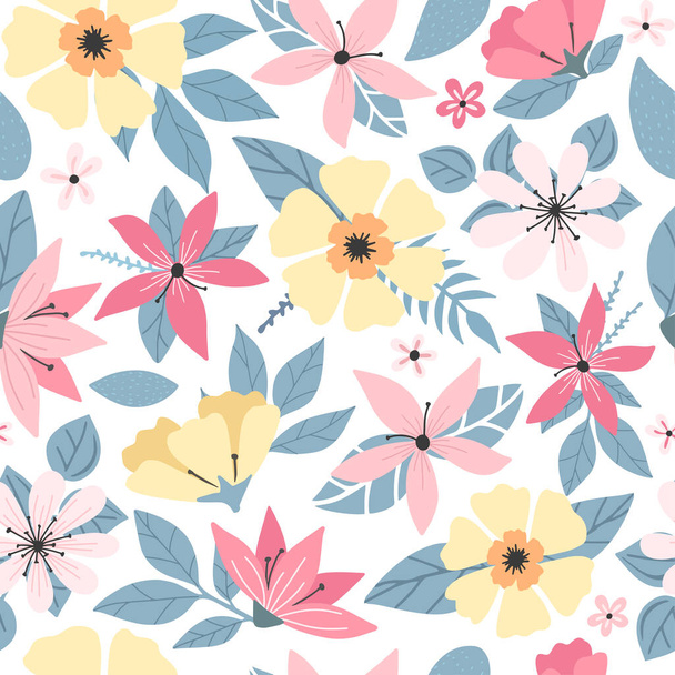 Modern doodle floral seamless pattern. Spring simple flowers with leaves. Colorful flowers pattern on white. flat simple retro vintage colorful vector. Seamless pattern vector eps10 - Vector, Image