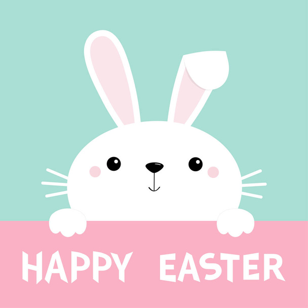 Happy Easter bunny rabbit face and paws. Cute cartoon kawaii funny baby character. Long ears. Farm animal collection. Blue background. Spring greeting card. Isolated. Flat design. Vector illustration - Vettoriali, immagini