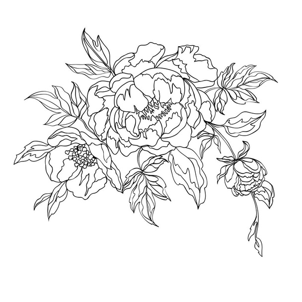 Black drawing  bouquet on a white background. Coloring page with flowers. Vector illustration. - Vector, imagen