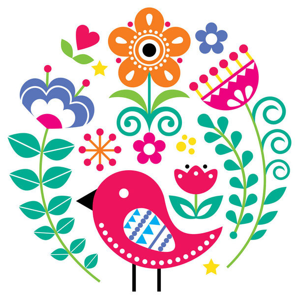 Scandinavian folk art vector pattern with flowers and bird in circle, floral greeting card or invitation inspired by traditional embroidery from Sweden, Norway and Denmark - Вектор, зображення