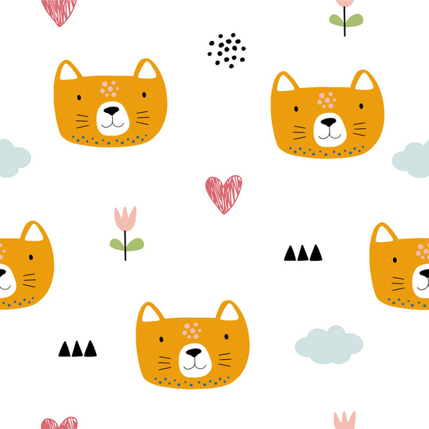 Animal seamless pattern with cat and different shapes. Abstract baby background illustration. Vector digital paper for kids and children - Vector, Imagen