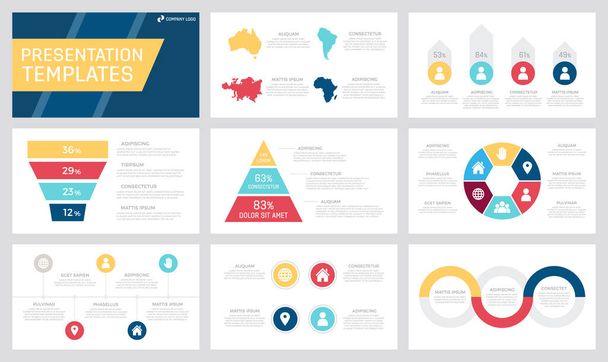 Set of yellow, dark blue, red and claret elements for multipurpose presentation template slides with graphs and charts. - ベクター画像