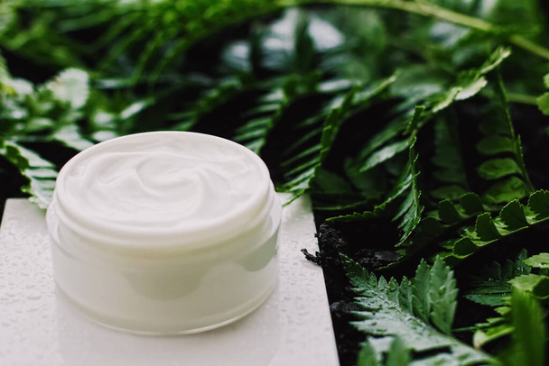 Barattolo idratante per crema viso in giardino verde, cosmetici naturali per la cura della pelle e prodotti biologici anti-invecchiamento per la salute e la bellezza
 - Foto, immagini