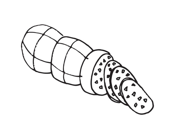 Schweinsbratwurst auf weißem Hintergrund. Freihändige Umrisse schwarze Tinte handgezeichnet Metzgerei Menü Emblem Logo im Retro-Doodle-Stil - Vektor, Bild