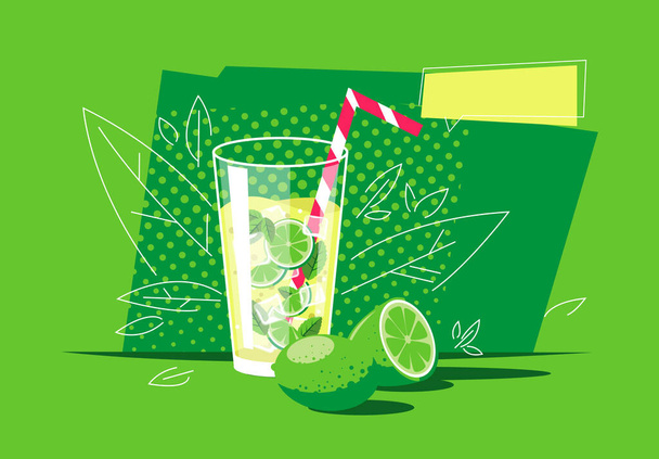  Ilustración vectorial de un vaso transparente con agua de menta, hielo y rodajas de cal, bebida refrescante de verano
 - Vector, imagen