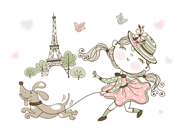 かわいい女の子がパリで犬を散歩している。ベクトル. - ベクター画像
