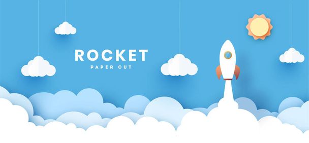 Rocket ship launch icon paper art style with abstract background. Start up business concept design.Vector illustration. - Vettoriali, immagini