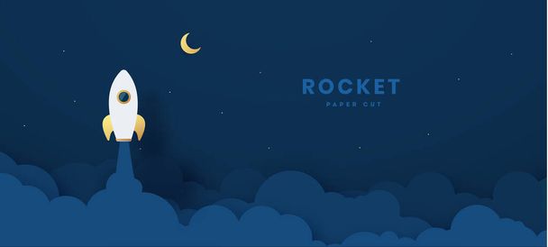 Rocket launch to the Moon. Cute space background with stars, moon, rocket, clouds, smoke. Night sky background with flying rocket. Paper cut craft style. Vector Illustration - Wektor, obraz