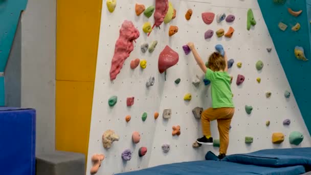Unrecognizable boy practicing climbing in gym - Záběry, video