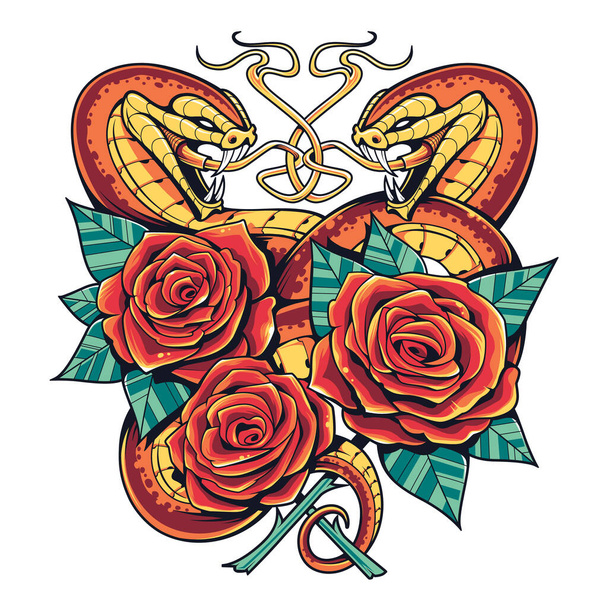 Δύο φίδια με ανοιχτό στόμα, τριαντάφυλλα και φύλλα. Τέχνη διάνυσμα στυλ τατουάζ με φωτεινά ζουμερά χρώματα.  - Διάνυσμα, εικόνα