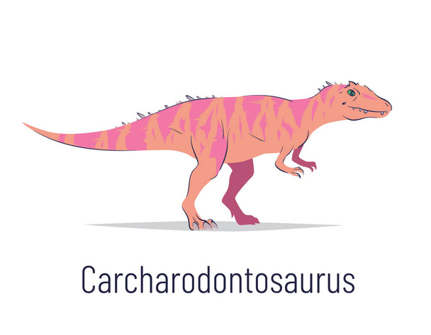 Carcharodontosaurus. Theropoda dinosaur. Colorful vector illustration of prehistoric creature carcharodontosaurus in hand drawn flat style isolated on white background. Predatory fossil dinosaur. - Vector, afbeelding