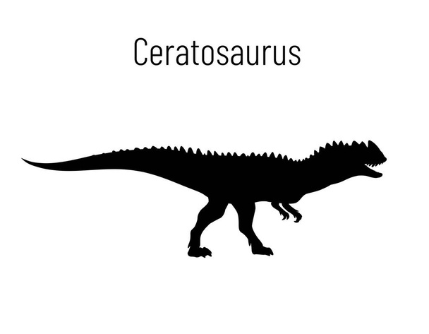 Ceratosaurus. Theropoda dinosaur. Monochrome vector illustration of silhouette of prehistoric creature Ceratosaurus isolated on white background. Stencil. Fossil dinosaur. - Vetor, Imagem