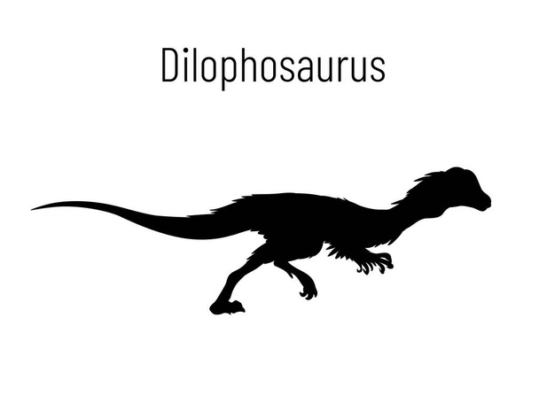 Dilophosaurus. Theropoda dinosaur. Monochrome vector illustration of silhouette of prehistoric creature dilophosaurus isolated on white background. Stencil. Fossil dinosaur. - Vettoriali, immagini