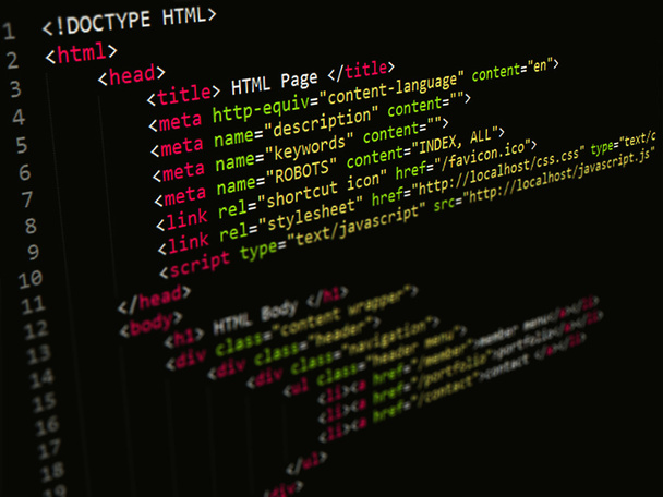 Код, HTML скрипт в текстовом редакторе
 - Фото, изображение