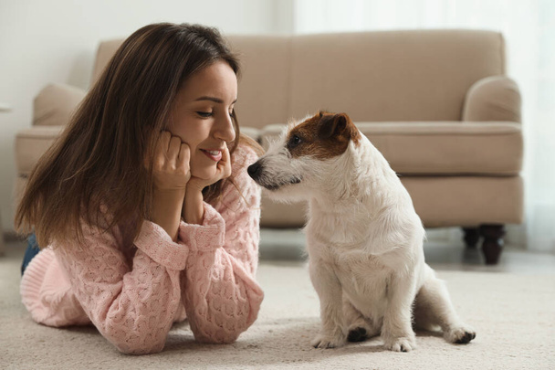 Young woman with her cute Jack Russell Terrier at home. Lovely pet - Φωτογραφία, εικόνα