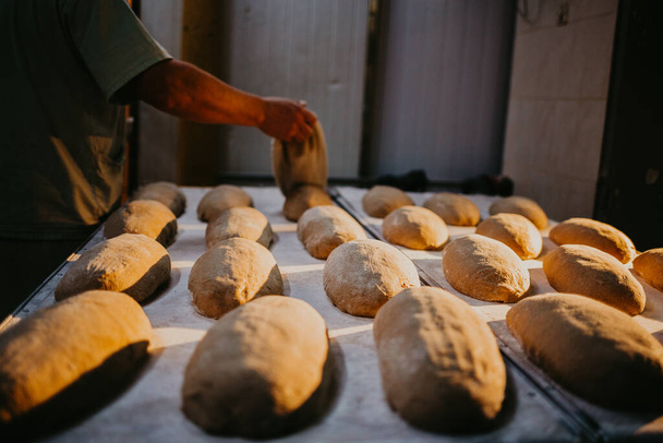 Panadero hembra amasando masa en una panadería
 - Foto, Imagen